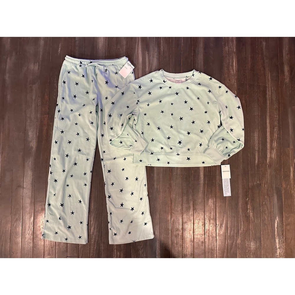 Nordstrom Kids Mint Green Star Print Pajama Set Sweatshirt and Pants NWT